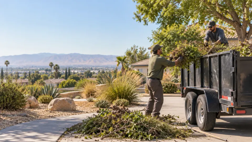 Workers loading prepared yard debris into an unbranded trailer in a Bakersfield yard